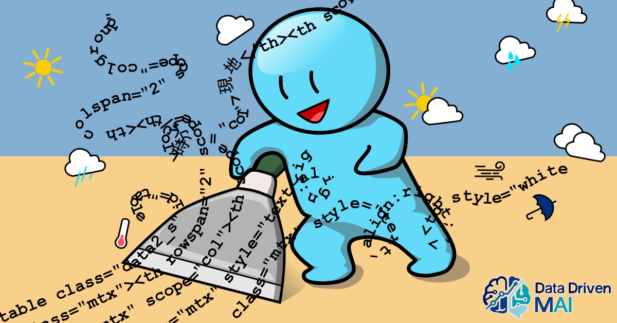 Comical illustration of a figure collecting weather data using a scraper tool