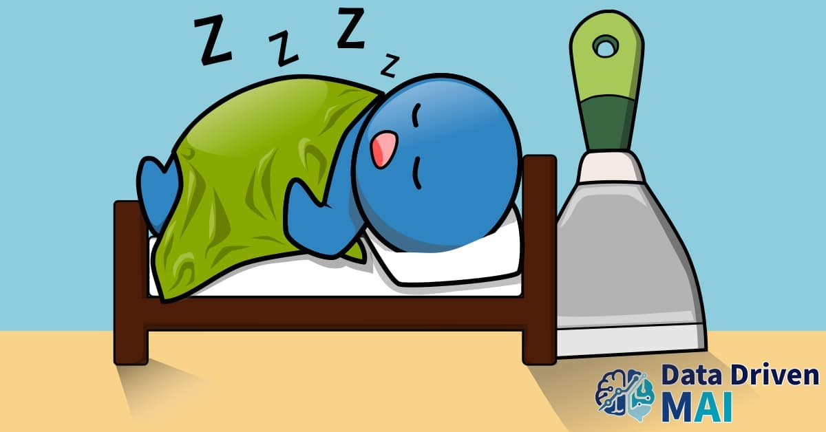 Comical illustration of figure sleeping with a scraper set up next to the bed.